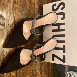 Schutz Pearl Crystal-Embellished Suede Mules Black Nubuck